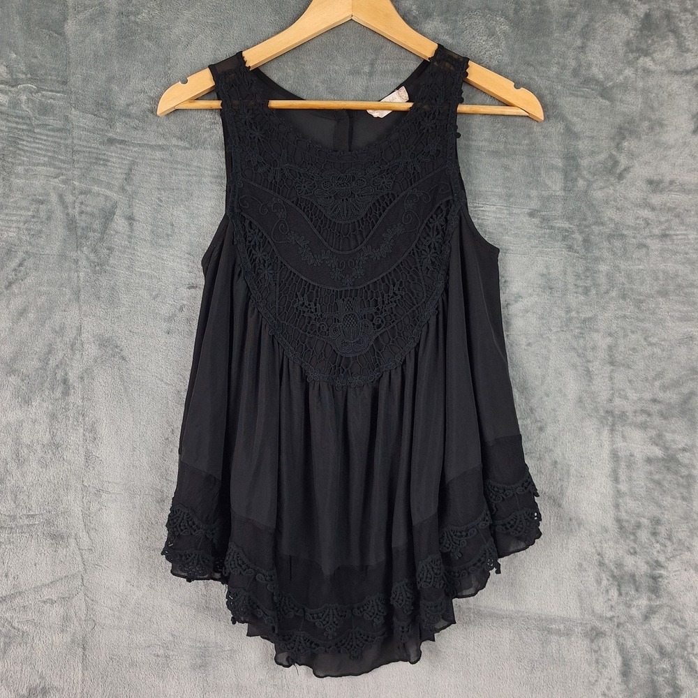 Womens Top Small Black Whimsigoth Fairy‎ Grunge Crochet Mesh Flowy Goth Babydoll